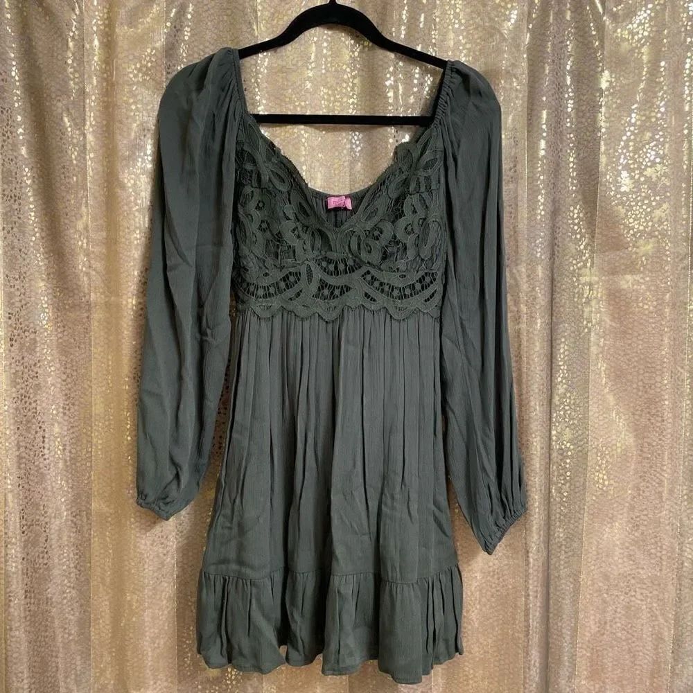 Francesca's Dark Green Crochet Top Long Sleeve Mini Dress, XS NWT